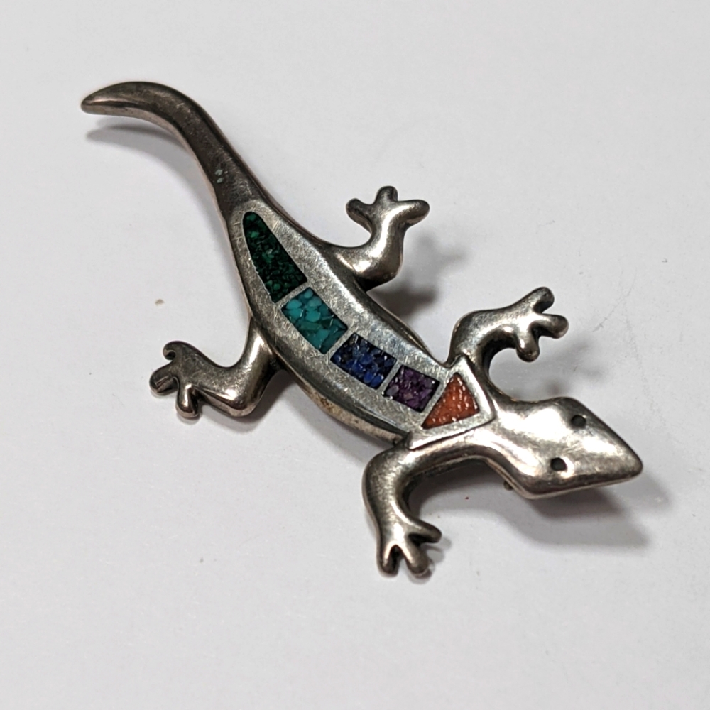Carolyn Pollack Sterling Silver Lizard Brooch Stone Inlay